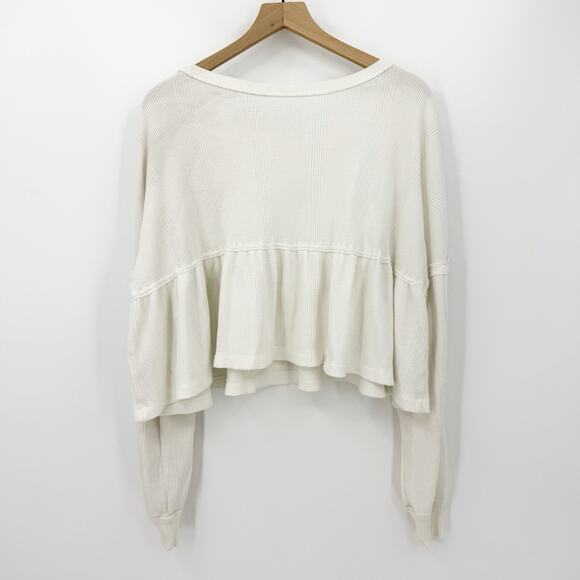 Free People Peplum Waffle Crop Top White Long Sleeve Thermal Oversized Slouchy M - Picture 2 of 5